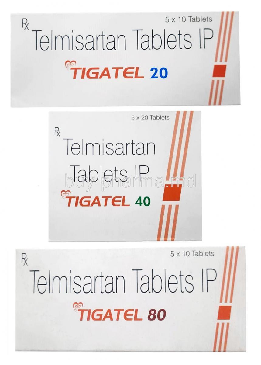 Tigatel, Telmisartan 20mg, 40mg, 80mg, Sun Pharmaceutical Industries, Box front view