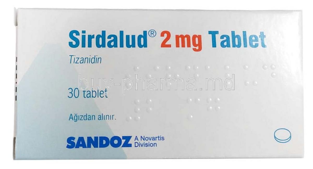 Sirdalud, Tizanidine 2 mg, Sandoz, Box front view