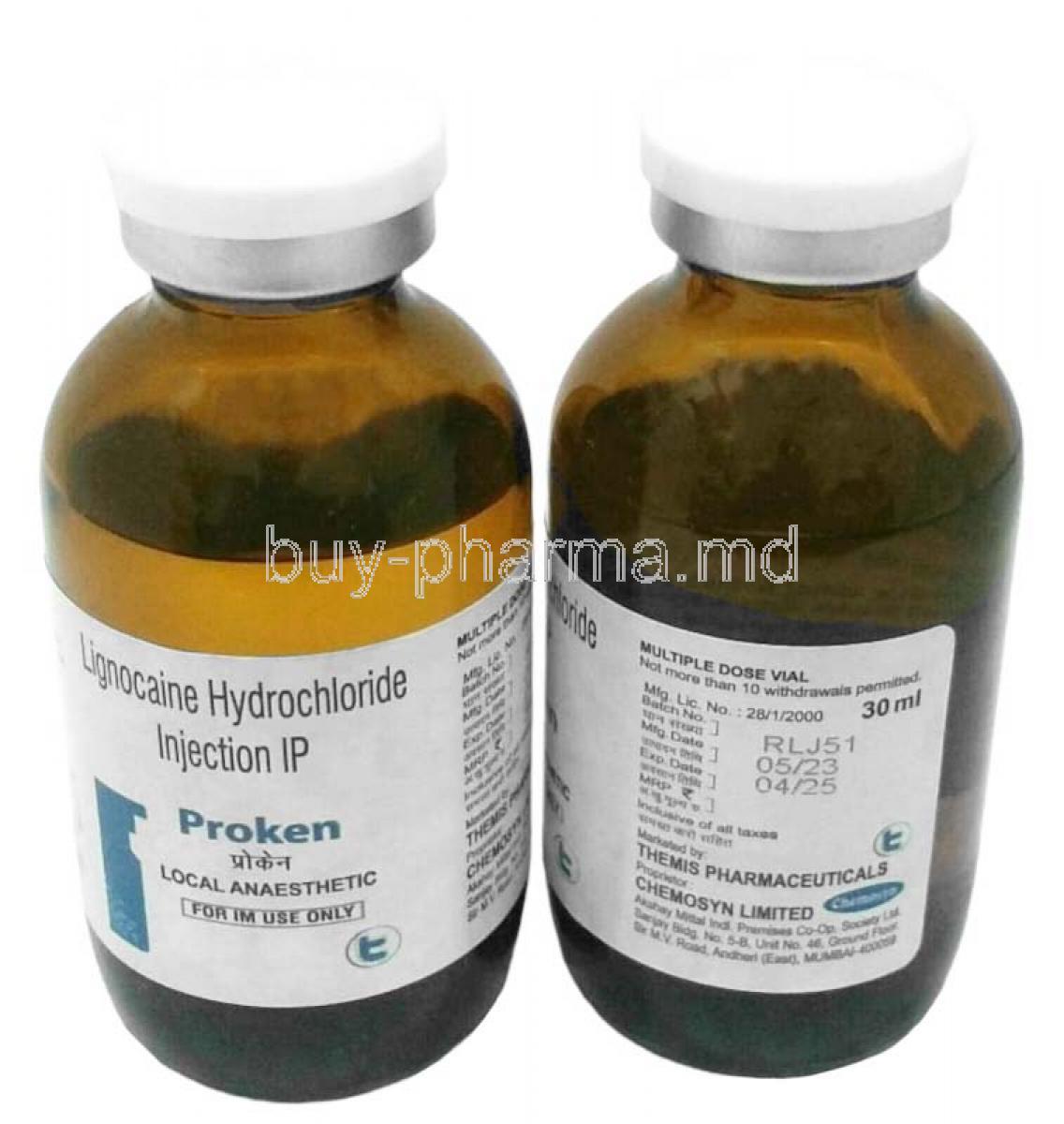Proken Injection, Lignocaine 2%, Injection 30mL, Themis Pharmaceuticals, Bottle front and back view