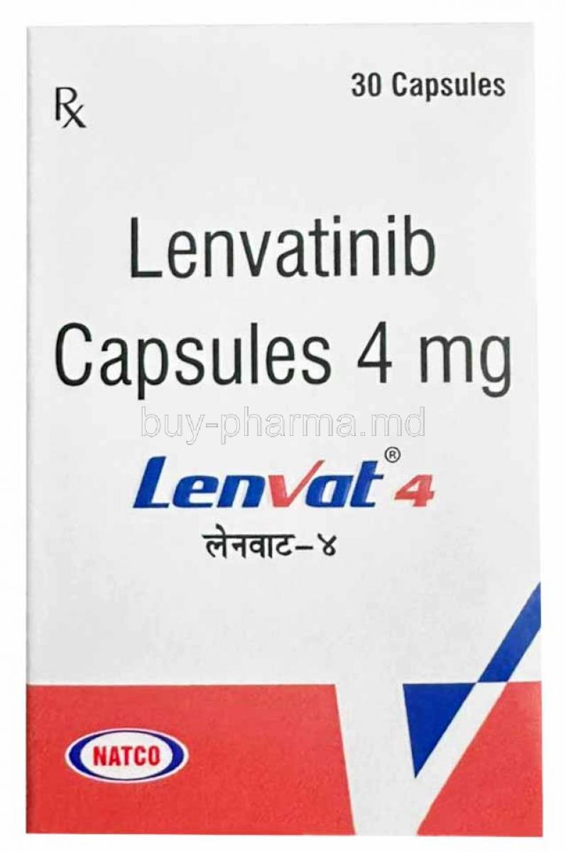 Lenvat, Lenvatinib 4mg, 30 capsules, Natco Pharma, Box front view