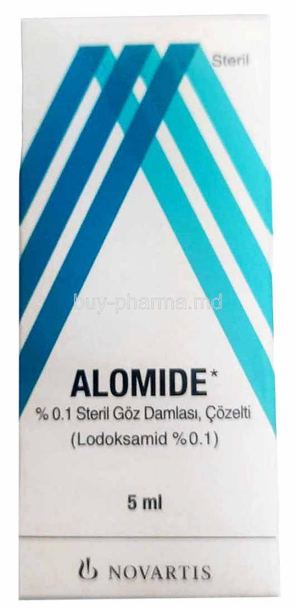 Alomide Eye Drops, Lodoxamide 0.1%, Eye Drops 5mL, Box front view