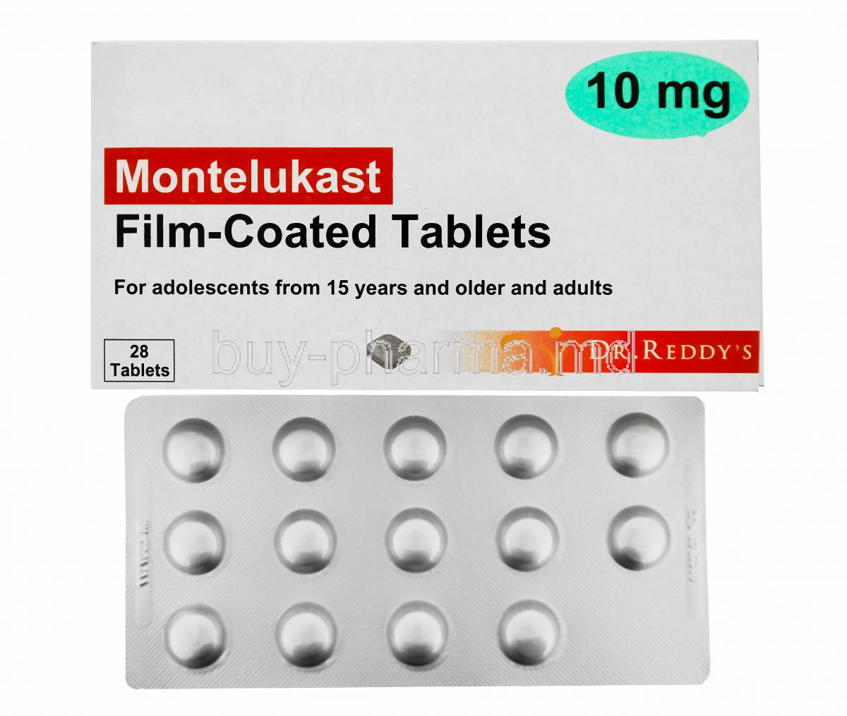 Generic  Singulair, Montelukast Tablet Dr Reddy's, 10mg 28tabs, Film Coated Tabs, Box front view and strip