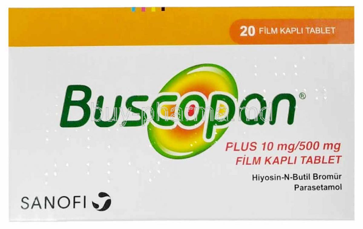 Buscopan plus, Butylscopolamin 10mg/ Paracetamol 500mg, Sanofi, Box front view