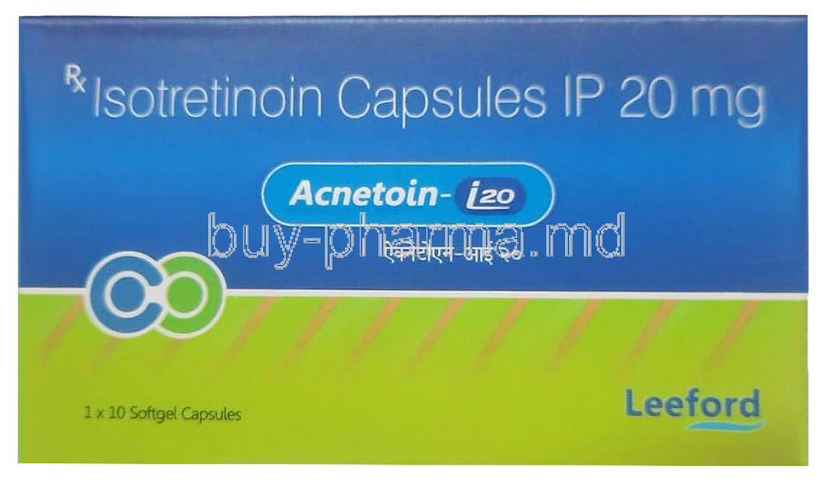 Acnetoin L20, Isotretinoin 20mg, Soft gelatin capsule, 10capsules, Leeford, Box front view