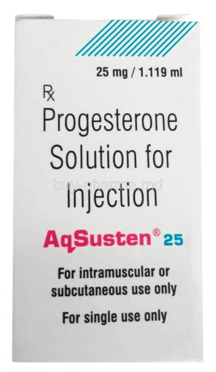 Aqsusten Injection, Progesterone 25mg, Vial 1.119mL,Sun Pharma, Box front view