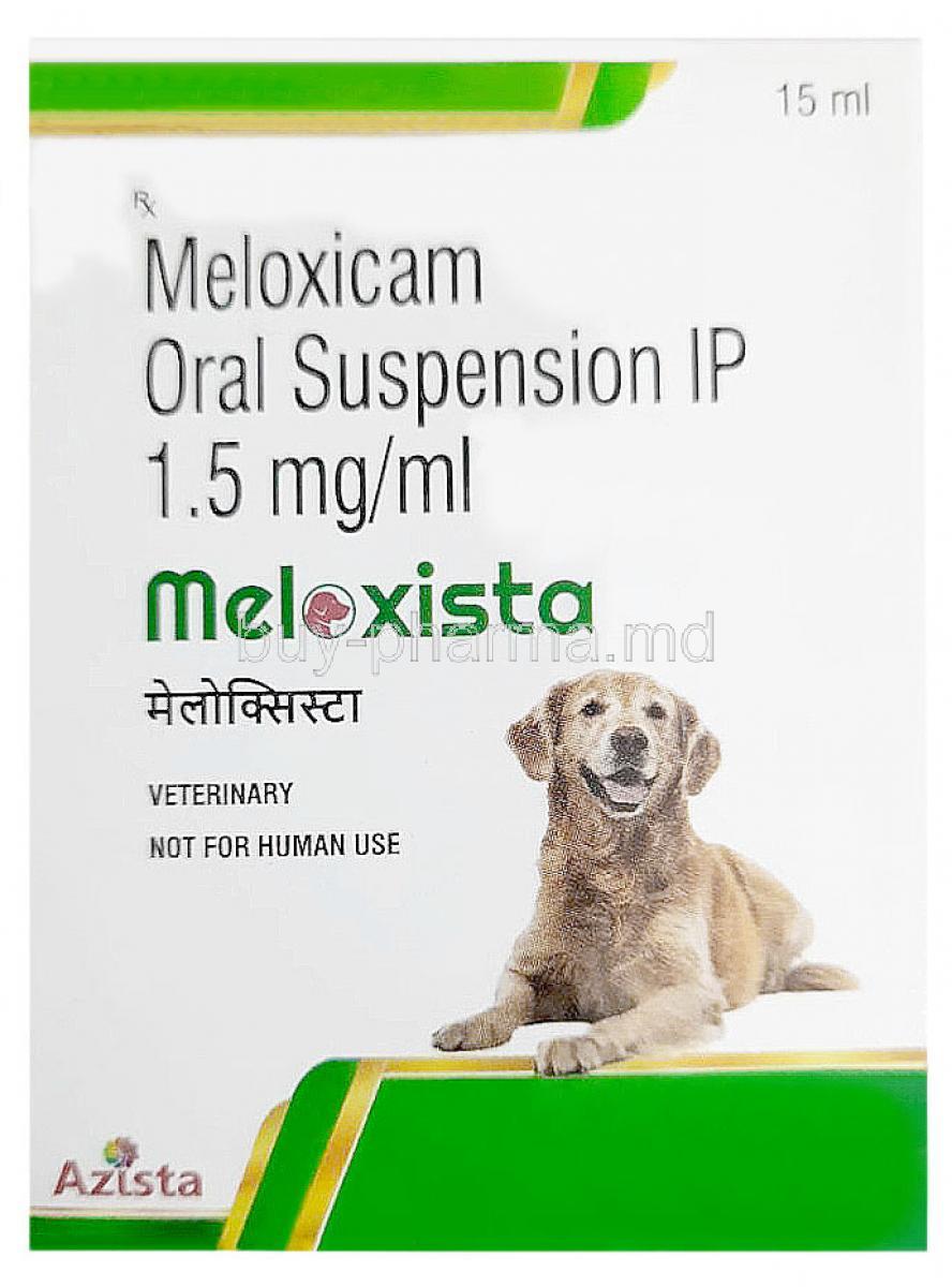 Meloxista Oral Suspension for pet, Meloxicam 1.5 mg per mL for pet, Oral Suspension 15mL, Azistra Industries Pvt Ltd, Box front view
