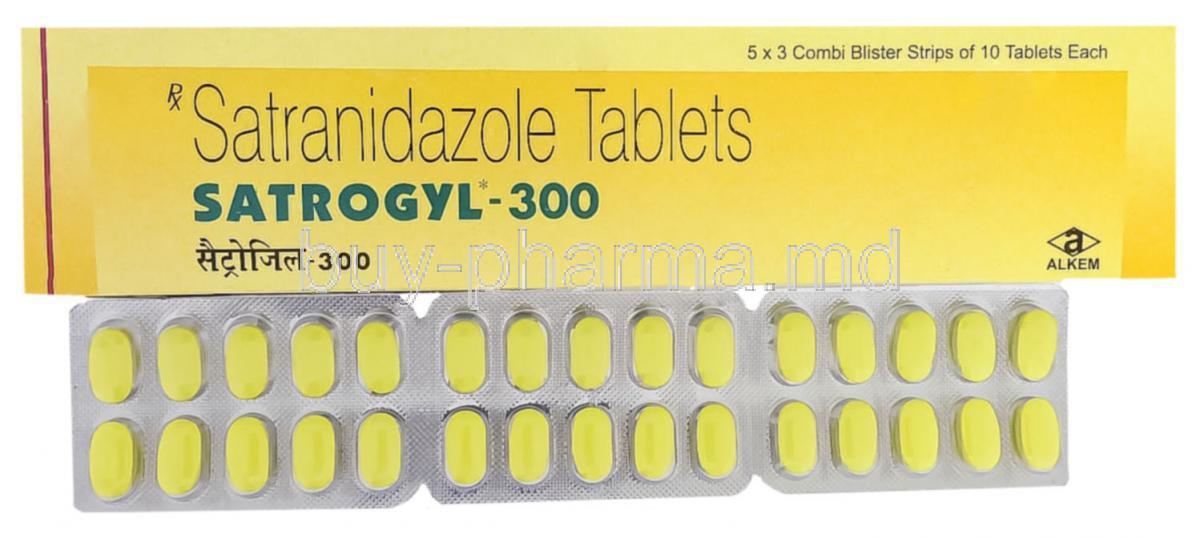 Satrogyl, Generic Satra, Satranidazole 300 mg Tablets and box (Alkem Laboratories)