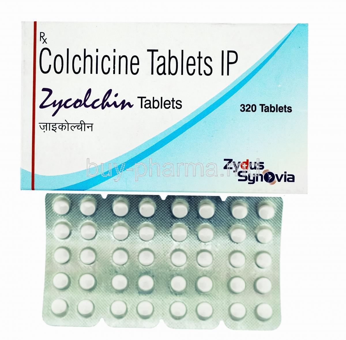Generic Colcrys, Colchicine tablets IP, Zycolchin tablets, 320 tablets, Zydus Synovia, box front presentation with blister pack