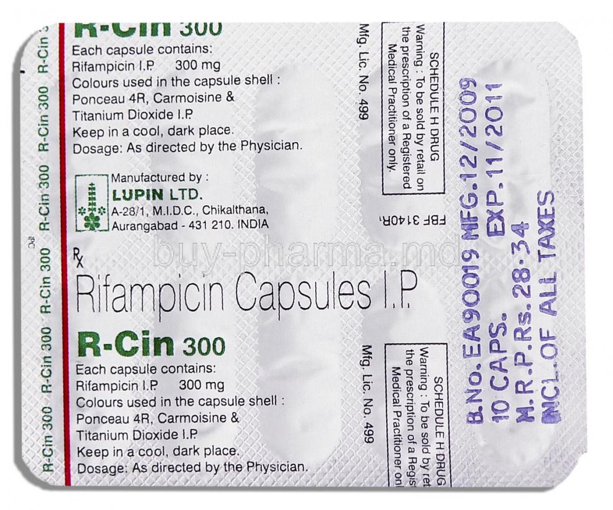 R-Cin, Generic  Rifadin,   Rifampicin 150 Mg Capsules (Lupin) Front