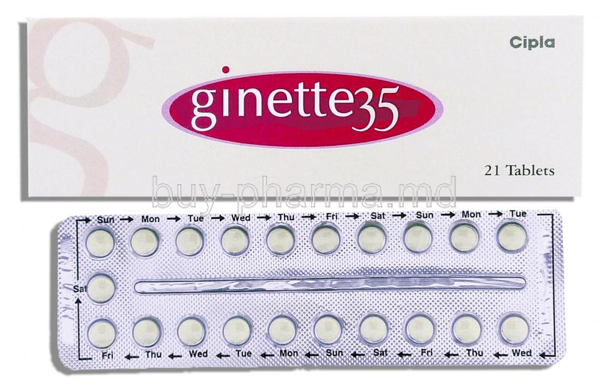 Ginette 35, Generic  Krimson 35,  Cyproterone / Ethinyloestradiol 2 /  0.035 Mg (Cipla) Box