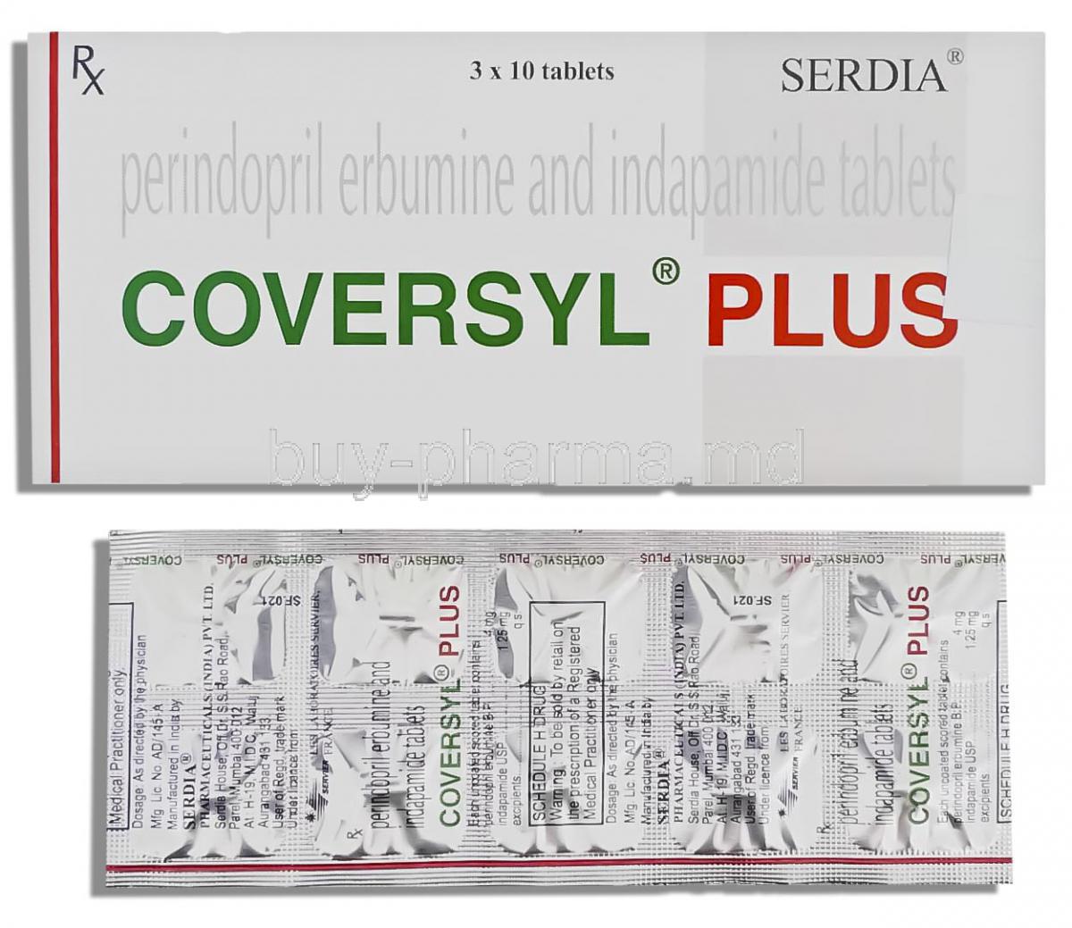 Coversyl Plus, Indapamide/ Perindopril 1.25 Mg/ 4 Mg Tablet (Serdia Pharma)