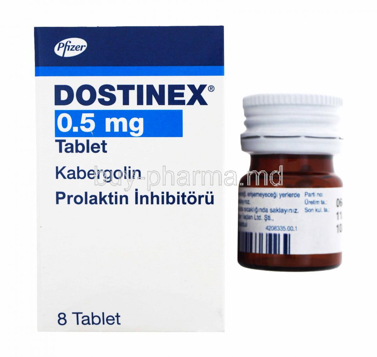 Dostinex, Cabergoline, bottle and box presentation