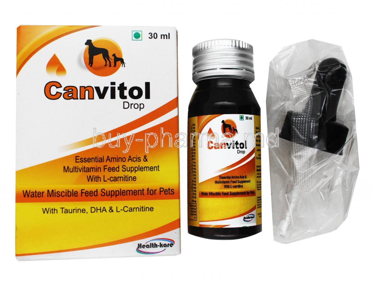 Canvitol Drop Supplement for Pets, box and bottle