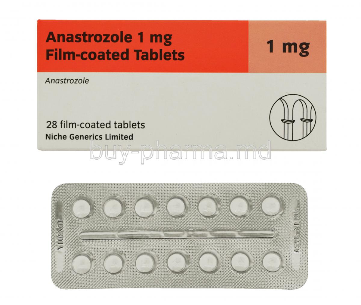 Generic Arimidex, Anastrozole 1mg 28 tabs packaging box and blister