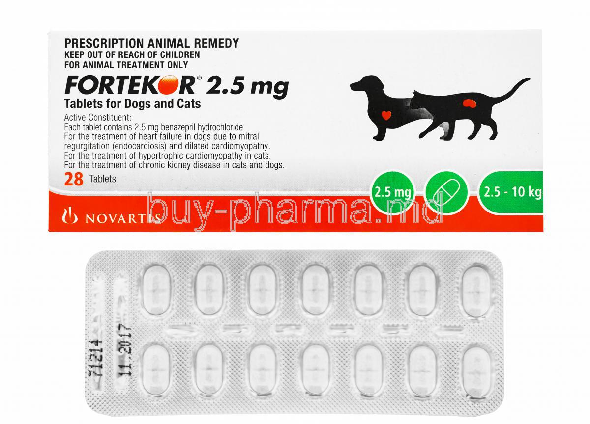 Fortekor 2.5mg 28 tablets, Tablets for Dogs and cats, Novartis, Box front presentation with blister pack.