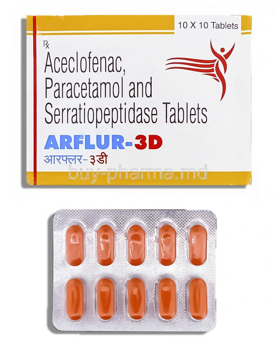 Arflur-3D, Paracetamol,  Aceclofenac, Moviz,Serratiopeptidase 100 Mg/ 500 Mg/ 15mg Tablet (Vapi Care)