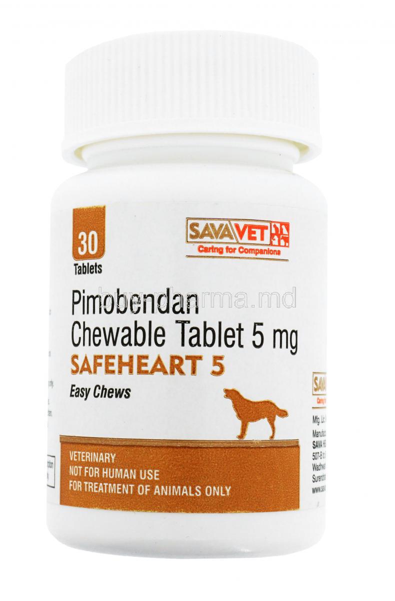 Safeheart 5 easy chews, Pimobendan Chewable Tablet 5mg, 30 tabs, SavaVet, bottle front presentation