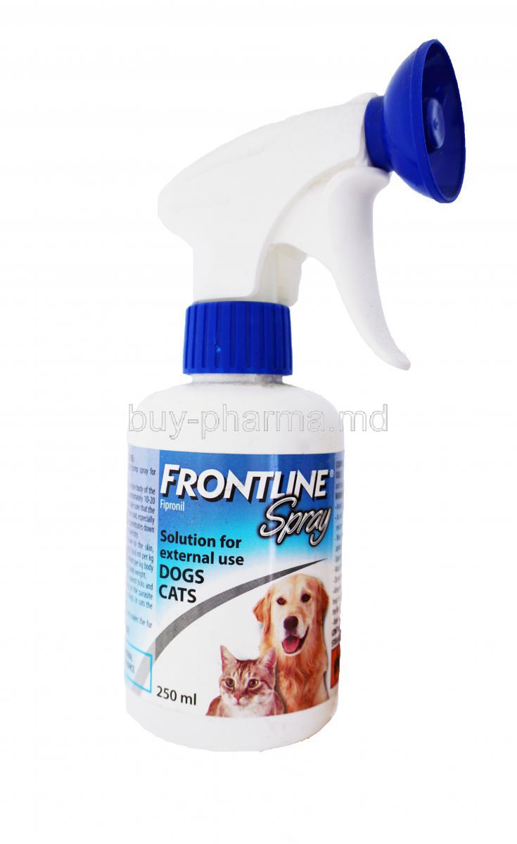 Frontline Spray, 250ml, Fipronil, Solution for external use dogs cats, spray bottle front view with nozzle