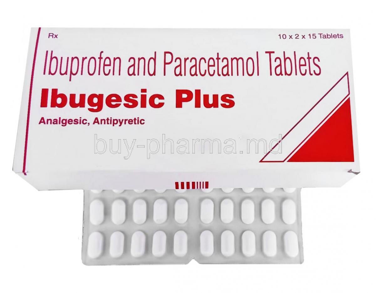 Ibugesic Plus, Ibuprofen and Paracetamol box and tablets