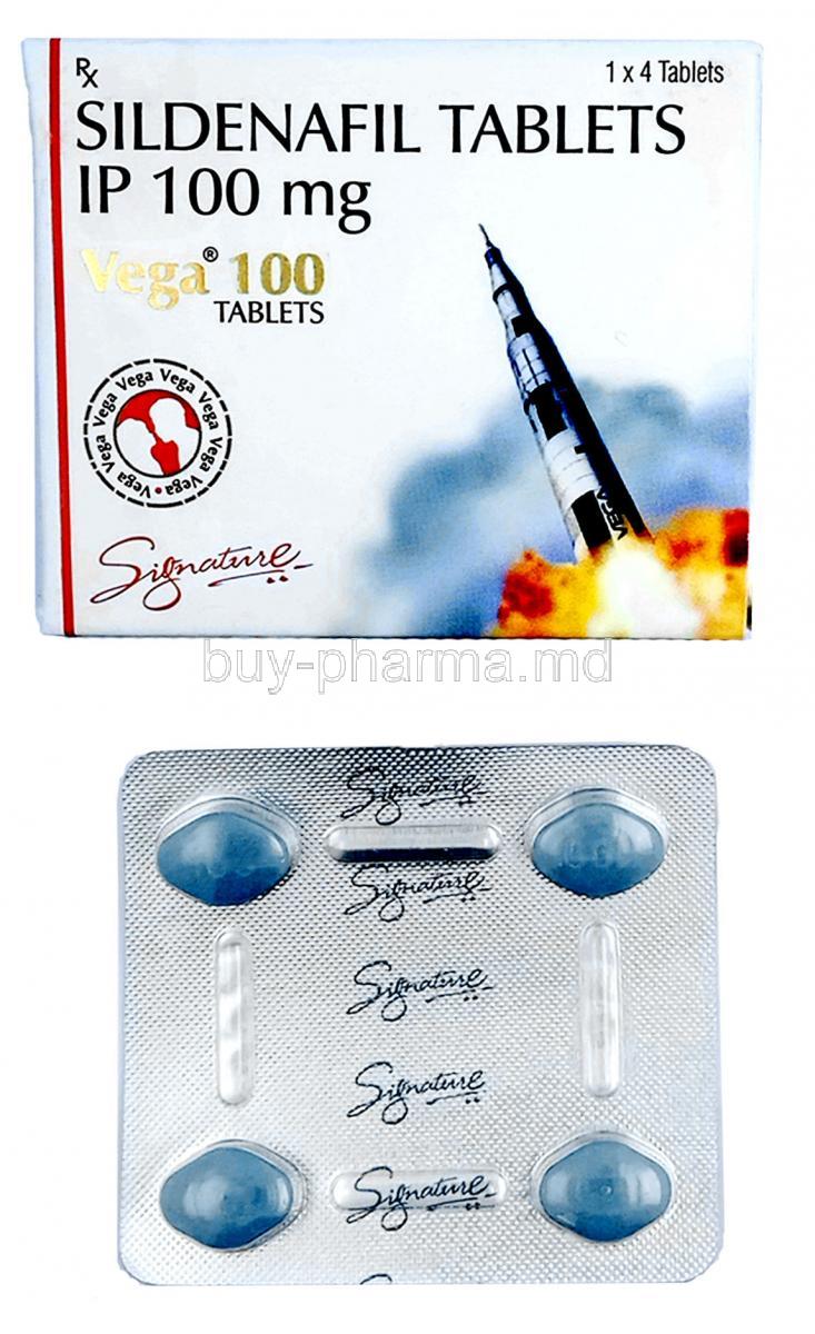 Vega, Sildenafil Citrate 100mg 4 tablets, Signature, box and blister pack front presentation