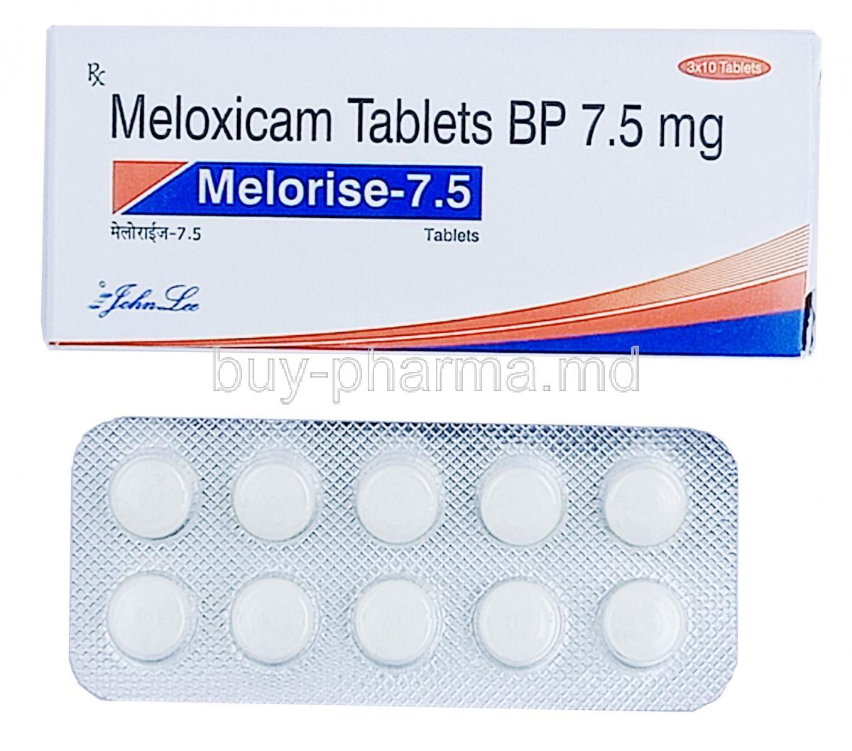 Melorise-7.5, Meloxicam 7.5mg, Johnlee Pharmaceuticals Pvt Ltd, Box and blister pack front presentation