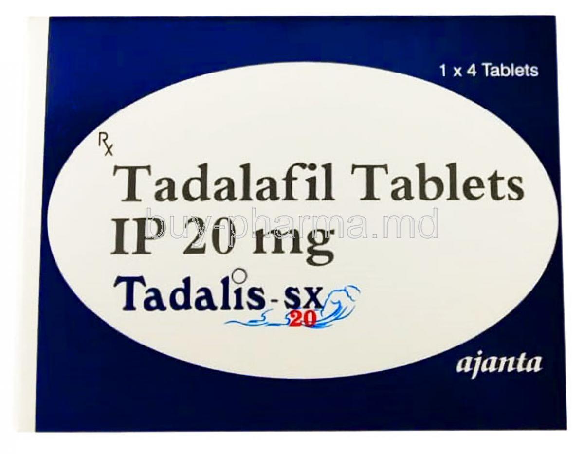 Tadalis SX, Tadalafil 20 mg, Ajanta Pharma, box front presentation