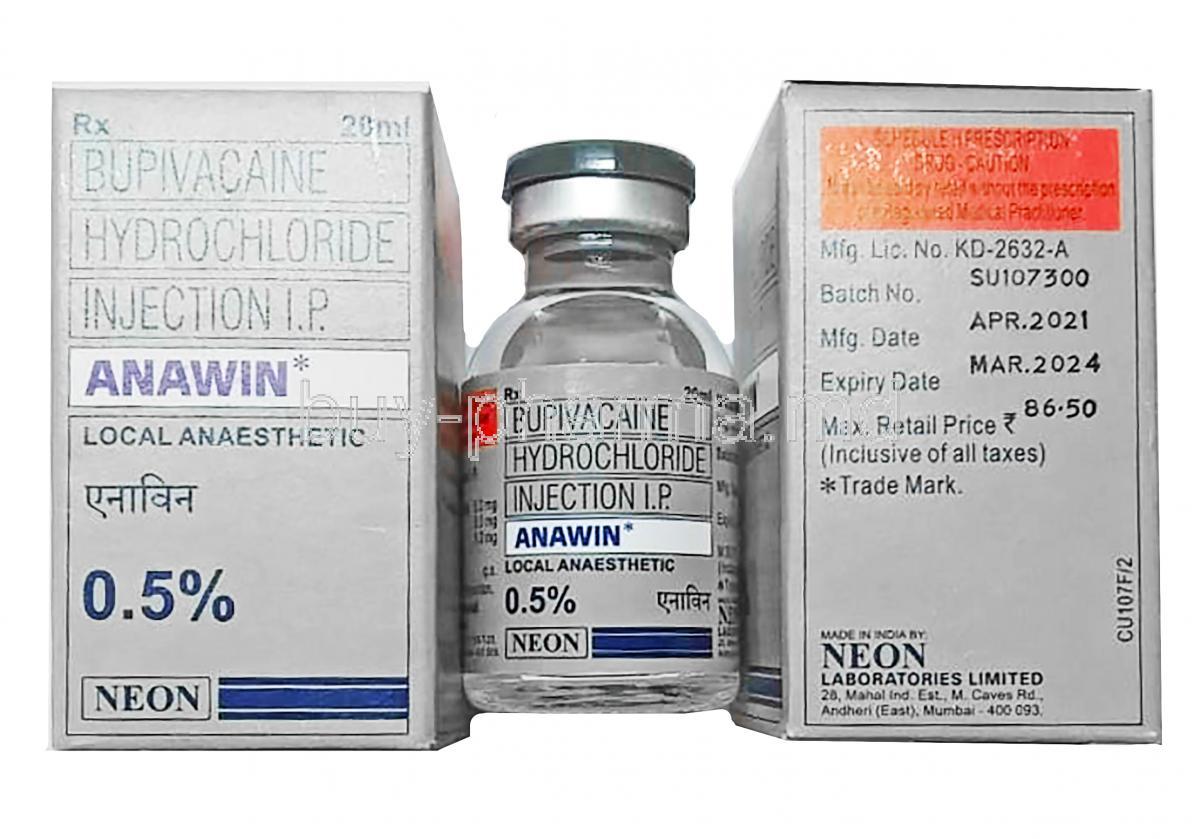 Anawin Injection, Bupivacaine 0.5% 20ml box and vial