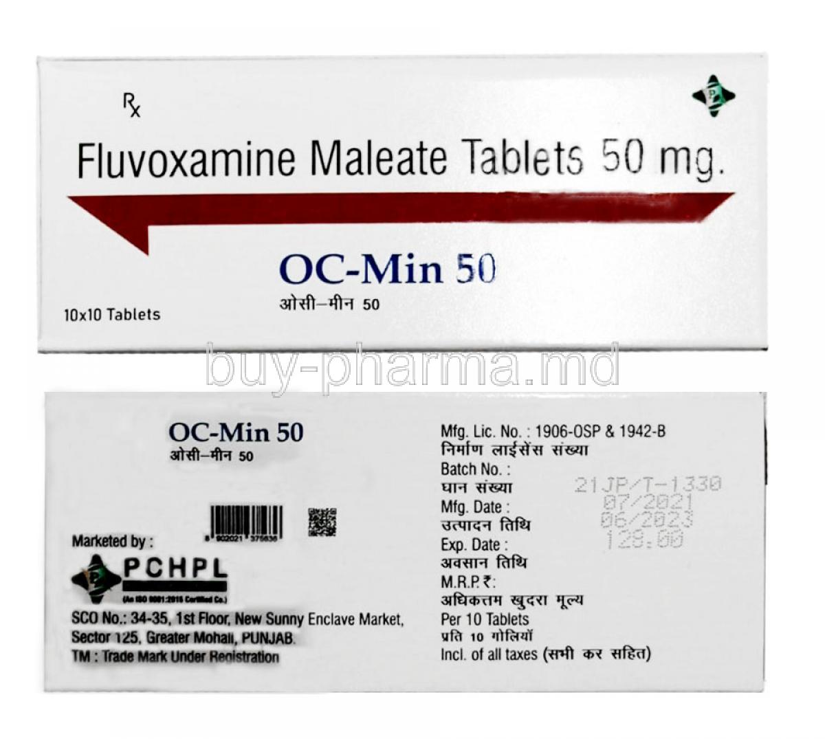 OC-Min 50, Fluvoxamine 50mg,Tablet,PCHPL, Box information