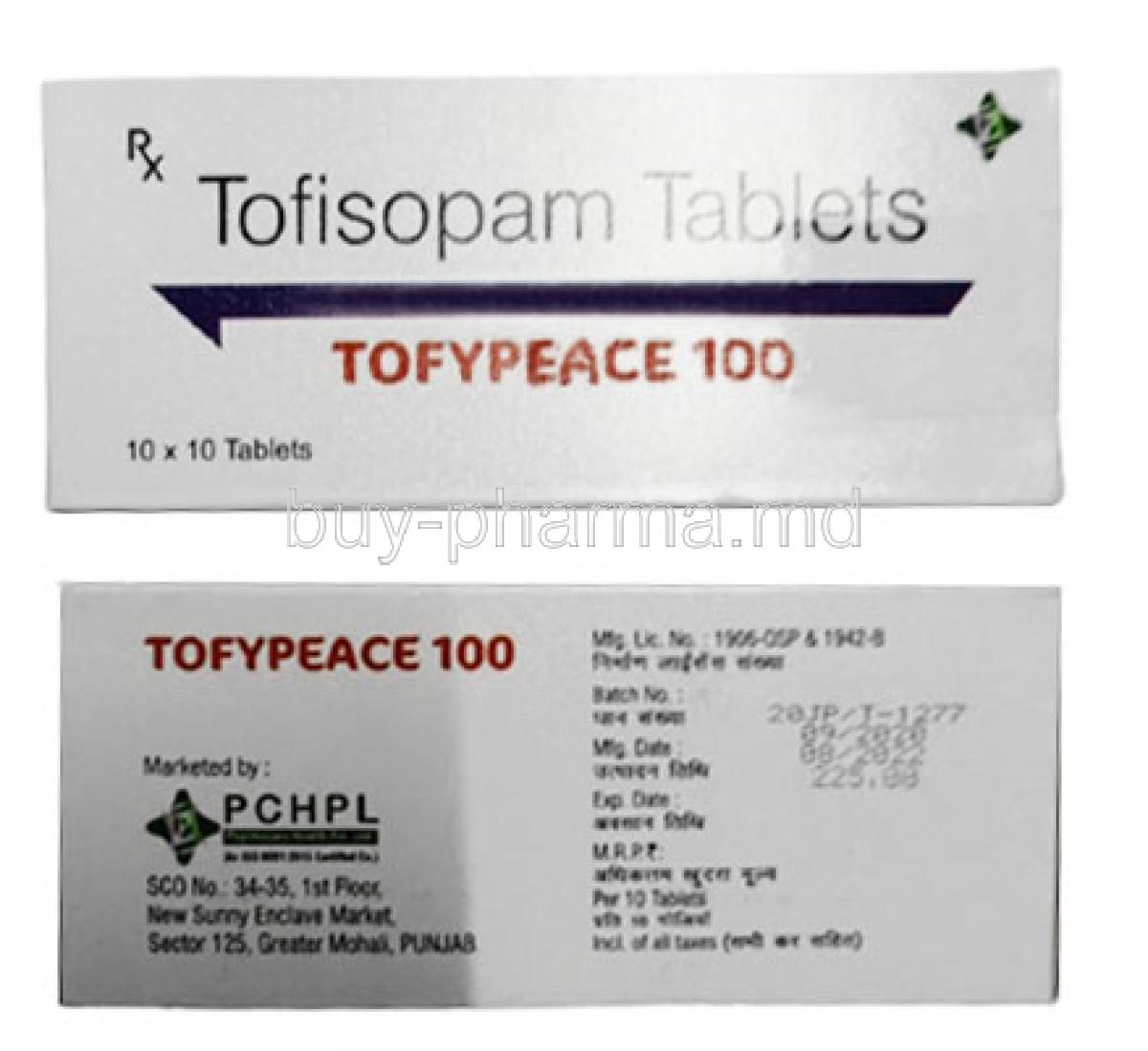 Tofypeace 100, Tofisopam 100mg, PCHPL, Box  front view, information
