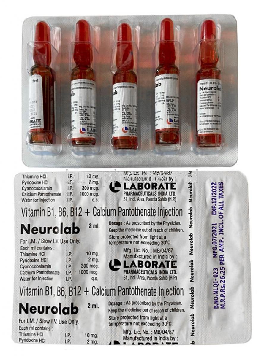 Neurolab Injection, Thiamine 10mg+  Pyridoxine  2mg + Cyanocobalamin 300mcg+ Calcium 1000mcg, Injection 2ml Vial ,Laborate Pharmaceuticals India Ltd, package