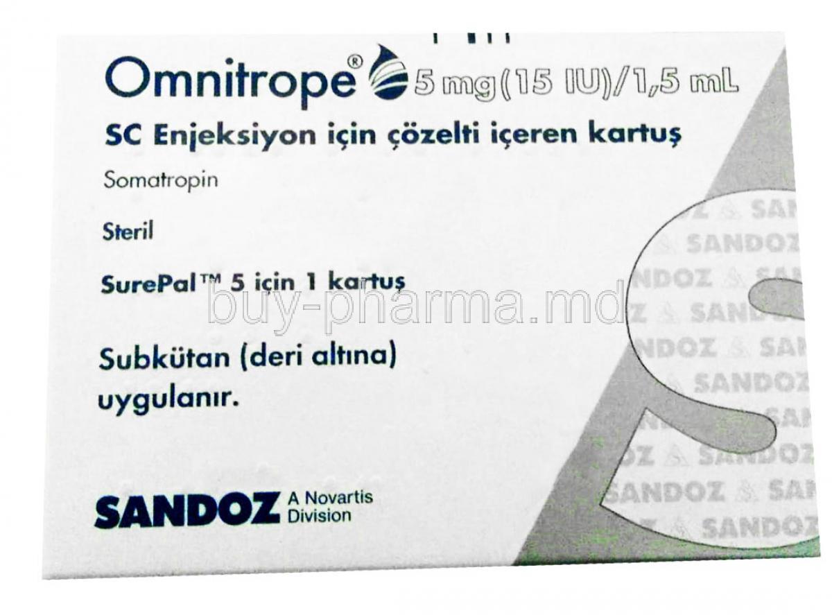 Omnitrope Injection, 5mg/1,5ml (15IU),Sandoz , Box front presentation