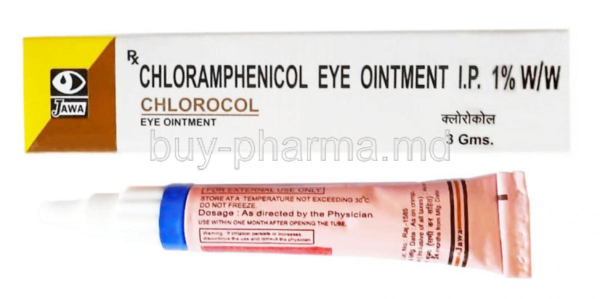 Chlorocol Eye Ointment, Chloramphenicol 1% 3g, Jawa Pharmaceuticals Pvt Ltd, Box, Tube front view