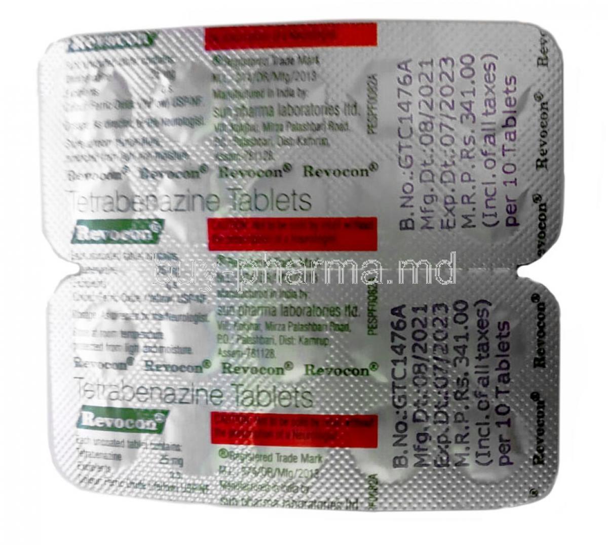 Revocon, Tetrabenazine 25 mg, Sun Pharma, Blisterpack information