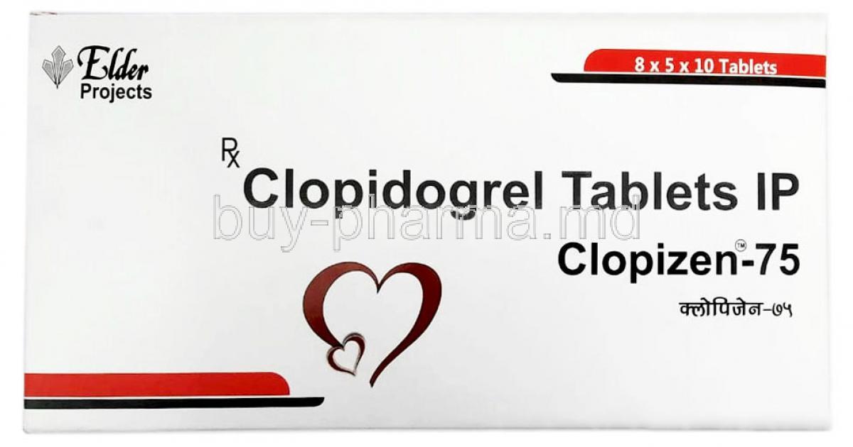 Clopizen, Clopidogrel 75mg, Elder Pharmaceuticals Ltd, Box front view