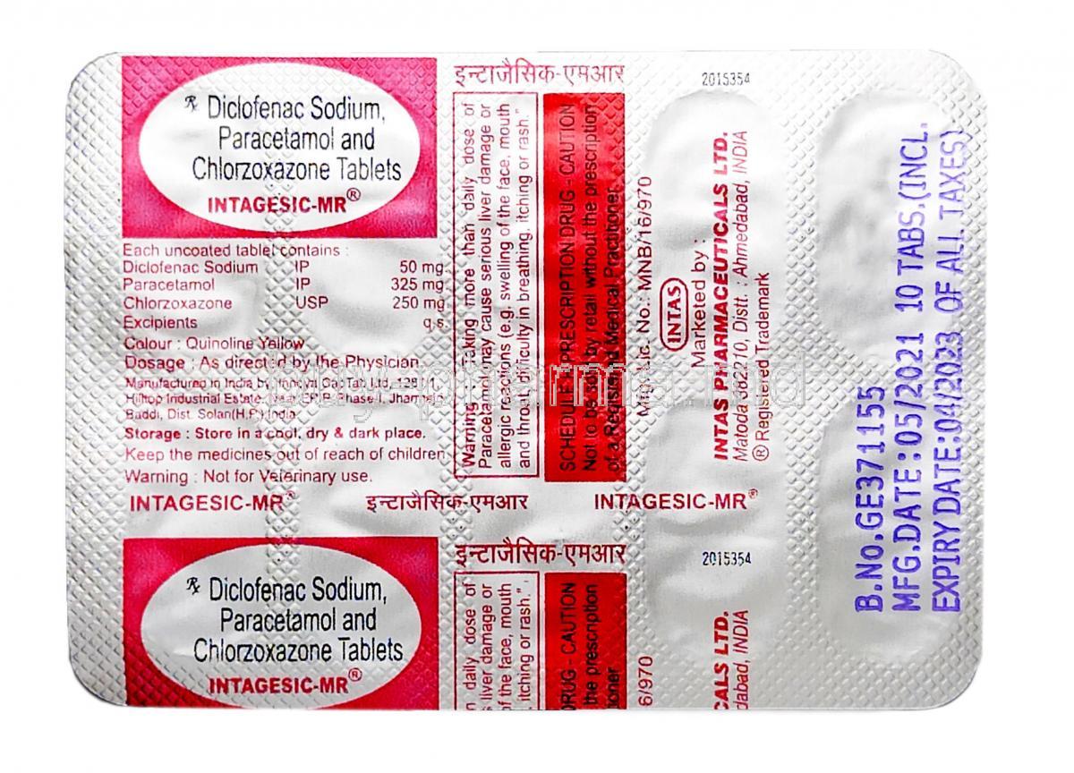 Intagesic MR, Chlorzoxazone 250mg, Diclofenac 50mg, Paracetamol 325mg, Intas Pharmaceuticals Ltd, Blisterpack information