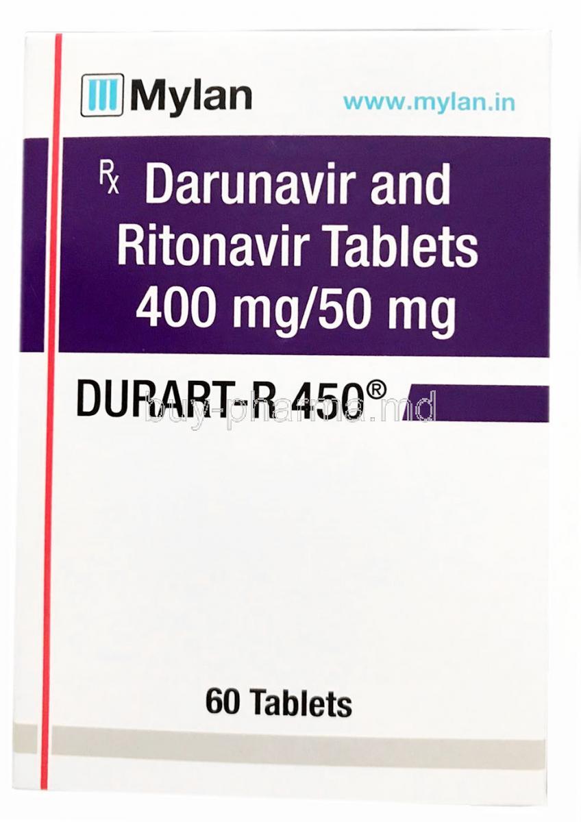 Durart-R, Darunavir 400mg/ Ritonavir 50mg, 60tabs, Mylan Pharmaceuticals, Box front view
