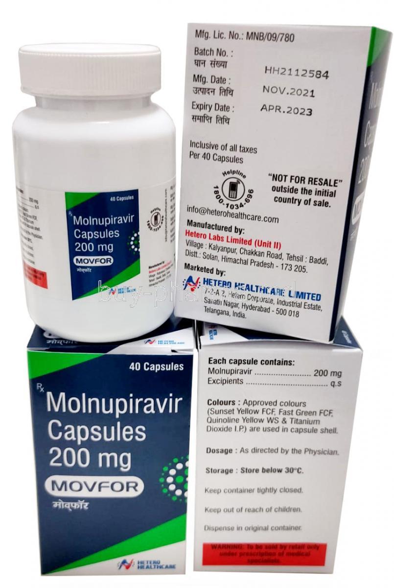 Movfor, Molnupiravir 200mg, Hetero Healthcare Ltd,  Box,Bottle information
