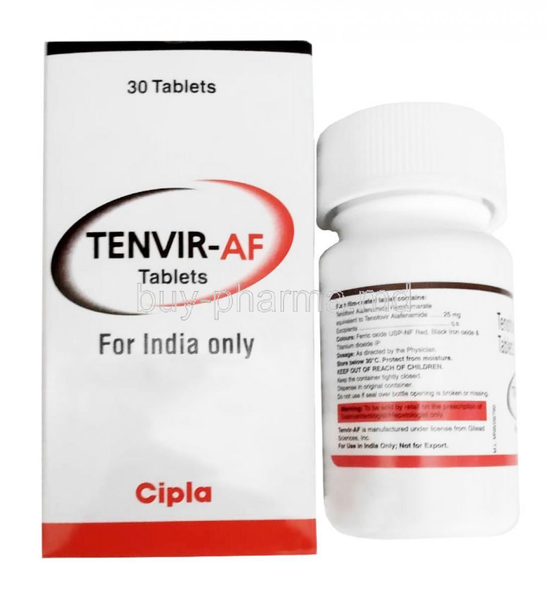 Tenvir AF, Tenofovir Alafenamide 25 mg, Cipla, Box and bottle information, Dosage, Storage
