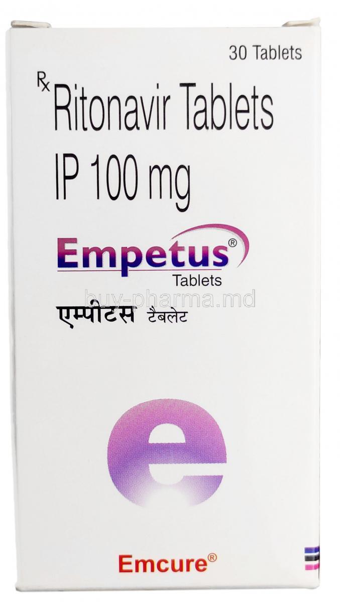 Empetus, Ritonavir 100mg, 30tabs bottle, Emcure Pharmaceuticals Ltd, Box front view