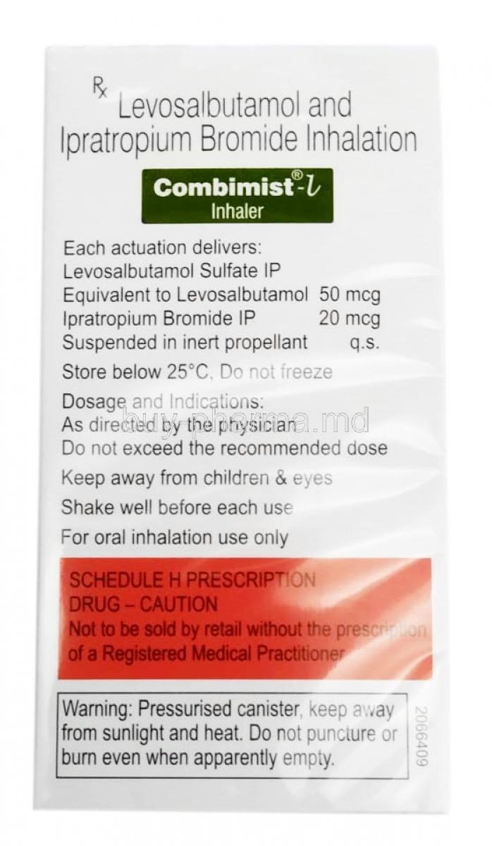 Combimist-L Inhaler, Levosalbutamol 50mcg and Ipratropium 20mcg, 200 MD, German Remedies, Box information, Dosage, Caution, Storage