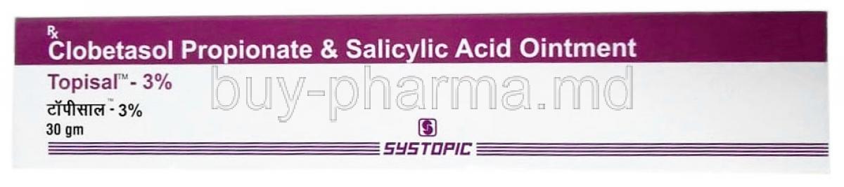 Topisal Ointment, Clobetasol 0.05% w/w / Salicylic Acid 3% w/w, 30g, Systopic Laboratories Pvt Ltd, Box front view