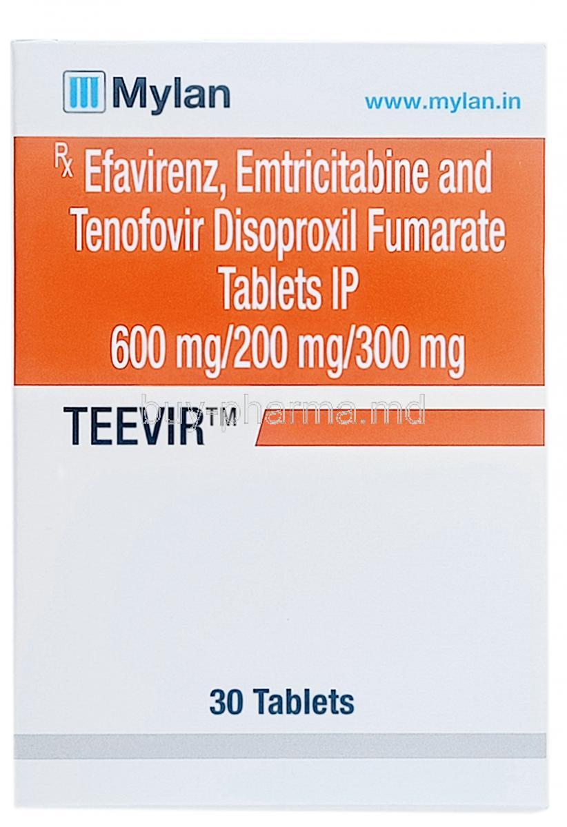 Teevir,Emtricitabine 200mg/ Tenofovir disoproxil fumarate 300mg/ Efavirenz 600mg, Mylan Pharma, Box front view