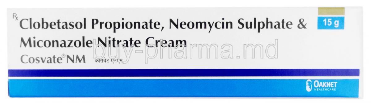 Cosvate NM Cream,Clobetasol 0.05%w/w / Miconazole 2% w/w / Neomycin 0.5% w/w, Cream 15g,  Oaknet Healthcare Pvt Ltd, Box front view