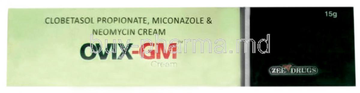 Ovix GM Cream, Clobetasol 0.05%w/w / Miconazole 2% w/w / Neomycin 0.5% w/w, Cream 15g, Zee Laboratories, Box front view