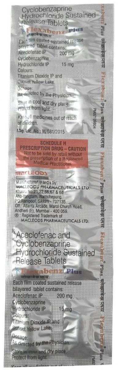 Flexabenz Plus, Cyclobenzaprine 15mg/ Aceclofenac 200mg, Macleods Pharmaceuticals Pvt Ltd, Sheet information, Manufacturer