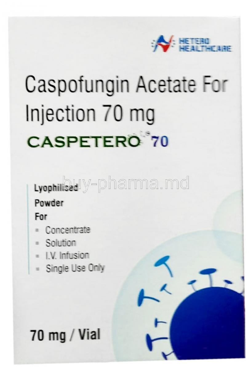 Caspetero Injection, Caspofungin Acetate 70mg, Vial, Hetero Healthcare Ltd., Box front view