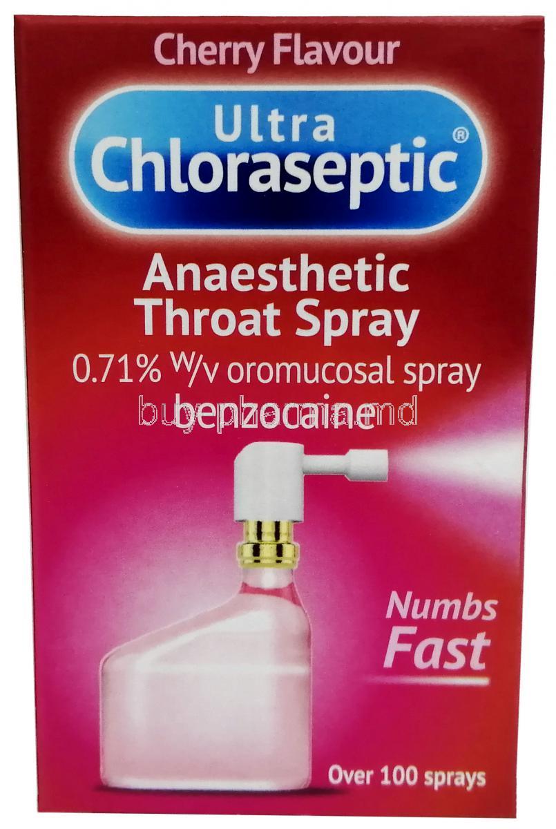 Ultra Chloraseptic Throat Spray  (Cherry Flavour), Benzocaine 1%, Throat Spray, Presstige Brans (UK) Ltd, Box front view