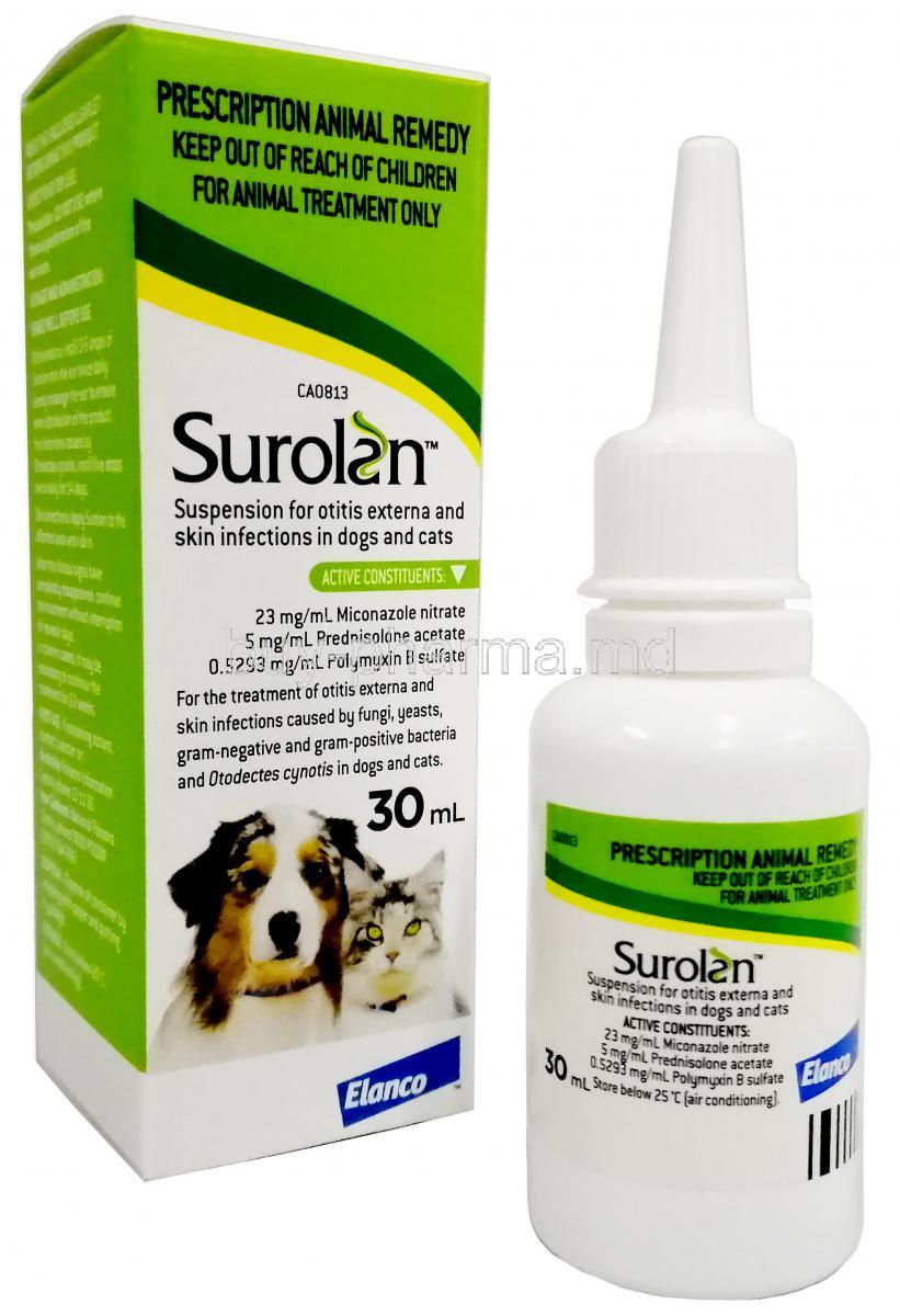Surolan Drops, Miconazole 23.0 mg per ml, Polymyxin B 0.5293 mg per ml, Prednisolone Acetate 5.0 mg per ml,Drops 30mL Elanco,Box, bottle