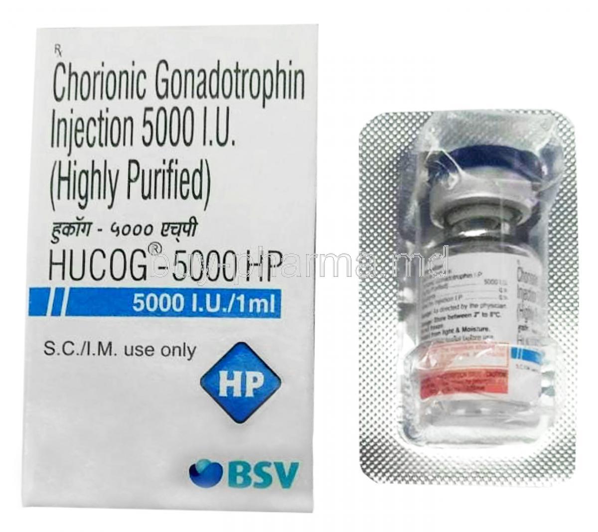 HUCOG HP Injection,Human chorionic gonadotropin (hCG) 5000IU, Injection vial 1mL, Bharat Serums and Vaccines Ltd, Box, Bottle