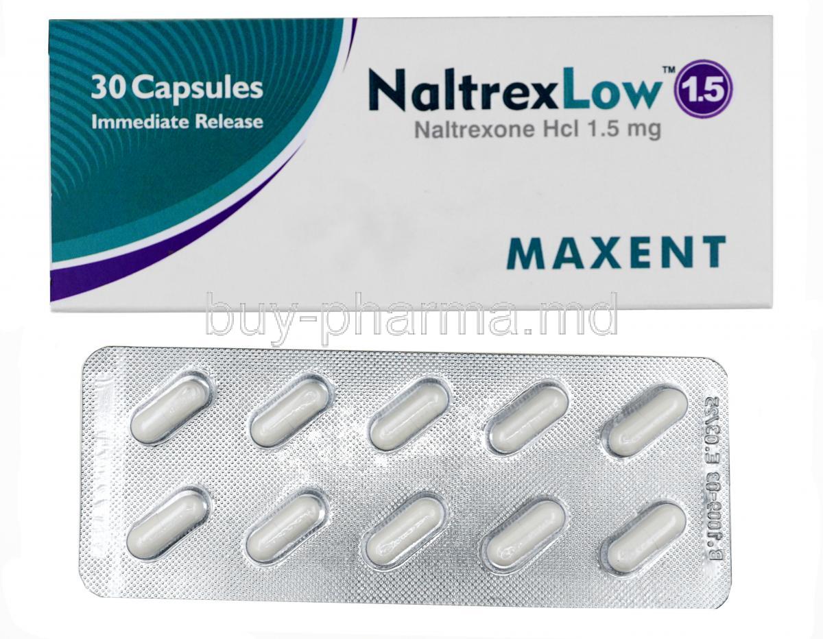 NaltrexLow 1.5, Naltrexone Hcl 1.5mg, Maxent, Box, Blisterpack